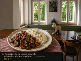 3 M) Hovězí jatýrka na slanině a česneku s vlašskými ořechy a jasmínovou rýží (bezlepkové) 