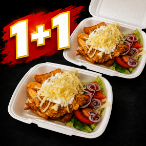 1+1 - Cornflakes bundás csirkemell fokhagymás, lila hagymás tejföllel, reszelt sajttal, steakburgonyával, friss salátával.