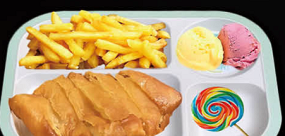 D2 Voňavé a Křehké Kuře, hranolky, zmrzlina, lízatko