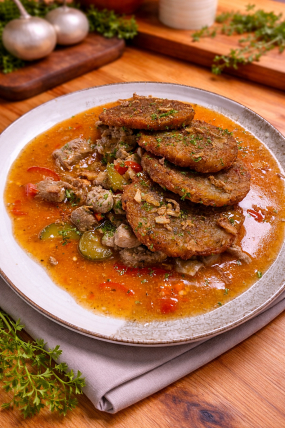 1. 150g/ 250g/50g -  Katov meč so zemiakovo - cesnakovými plackami a kapustovým šalátom  (A: 1,3,7)