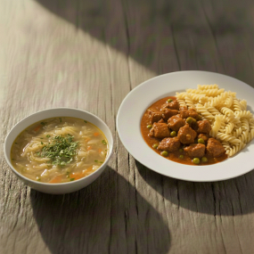 1. Kapustová polévka se zeleninou 350 ml + 150 g Domažlické vepřové ragú, těstoviny 