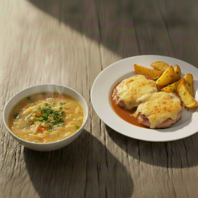 2. Kapustová polévka se zeleninou 350 ml + 150 g Vepřový kotlet zapečený s hermelínem, brambory, salátek