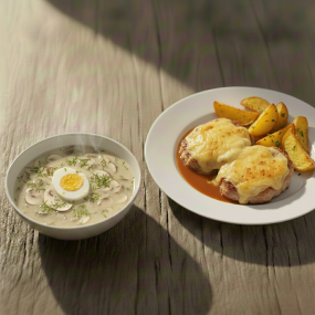 4. Kulajda s vejcem 400 ml + 150 g Vepřový kotlet zapečený s hermelínem, brambory, salátek