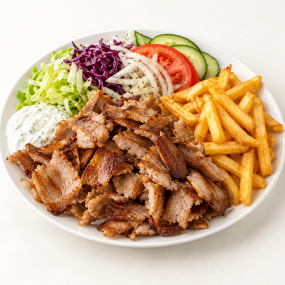 13. KEBAB TALÍŘ S HRANOLKAMI A ZELENINOU (kebab plate with fries and vegetables)