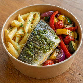 Filet de julienne, sauce vierge, concassé de tomates, pasta & légumes de saison