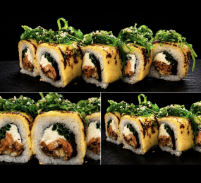  Tanuki 8szt  (ryż, nori,ser,łosoś pieczony,ogórek,szczypiorek,kampio,ser cheddar, wakame,sos sezamowy,sezam)