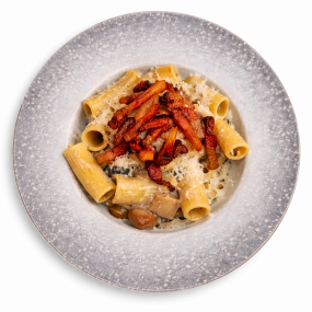 Rigatoni cu Ciuperci și Guanciale Crocant