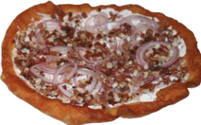 Rahm, Rote Zwiebel & Speckwürfel Lángos