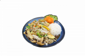 52. Gebratenes Gemüse aus dem Wok serviert mit Duftreis 