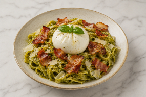 🍝🥓 Tagliatelle pesto vert, burrata & speck grillé