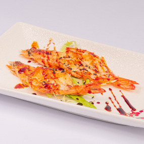 G5- Gamberoni con salsa teriyaki e sesamo (5pz)