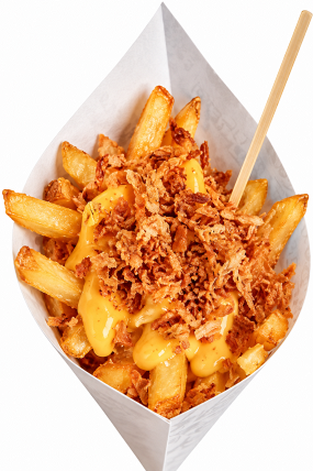 Frites maison au Cheddar Fondu + Oignon Crispy